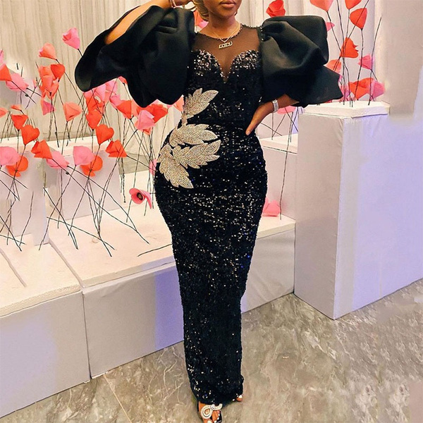 New Plus Size Evening Dress for Women Long Black Dresses Velvet Glitter  Embroidered Chest Wrapped Puff Sleeve Dress Sequin Kaftan Robe African Maxi  Gown Dubai Dress | Wish